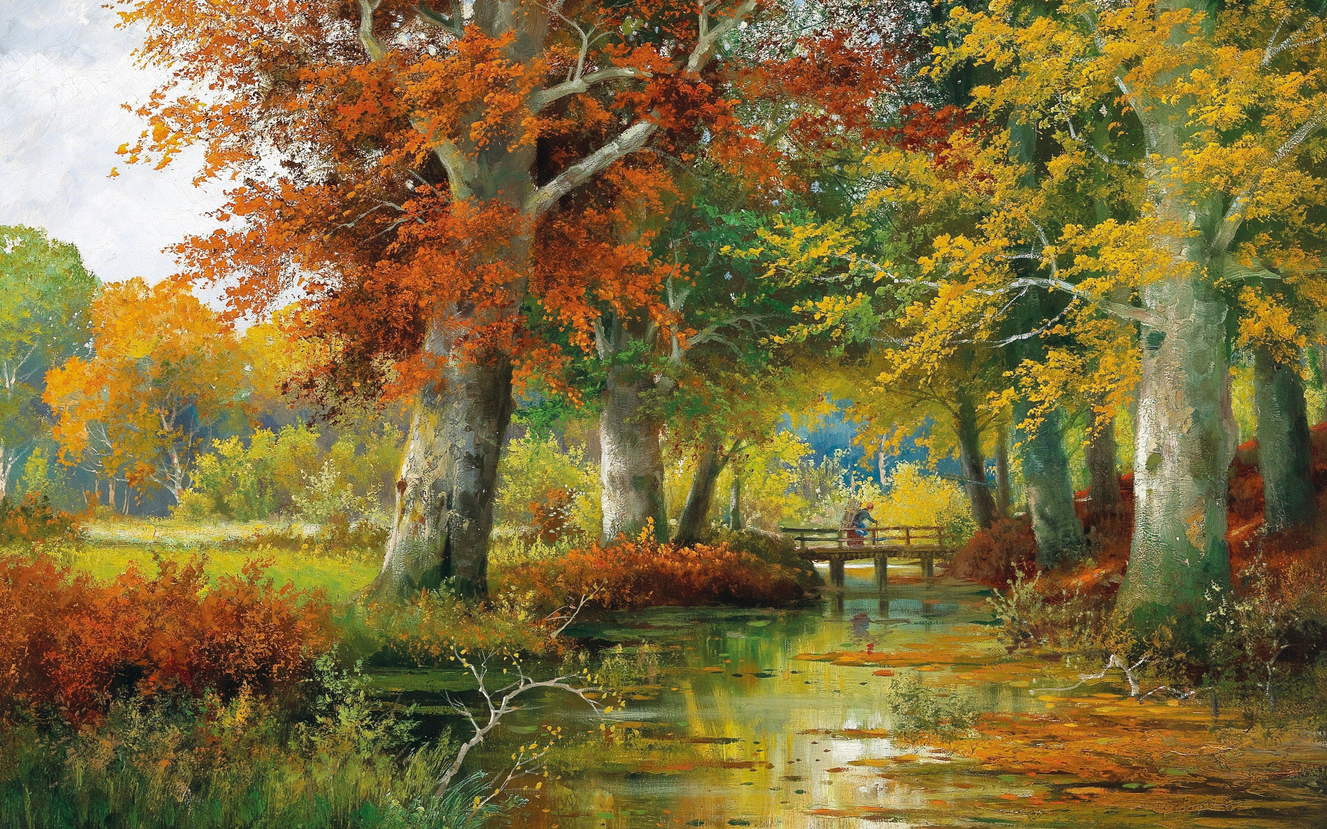 Алоис Арнеггер, Alois Arnegger, художник, австрийский пейзажист, живописец, картина, пейзаж, осень, река, бабушка на мостике