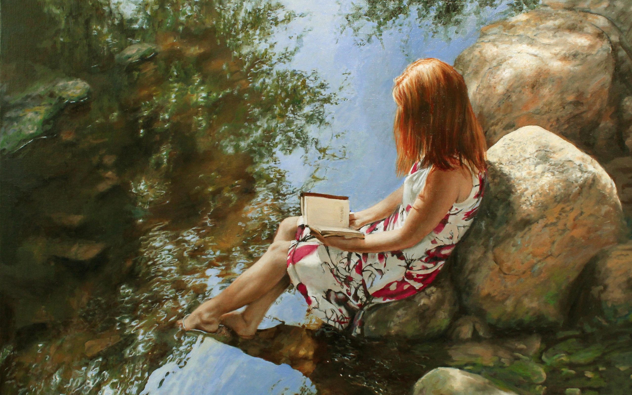рисованные обои, девочка на камнях в воде с книгой, картина, художество, исскуство